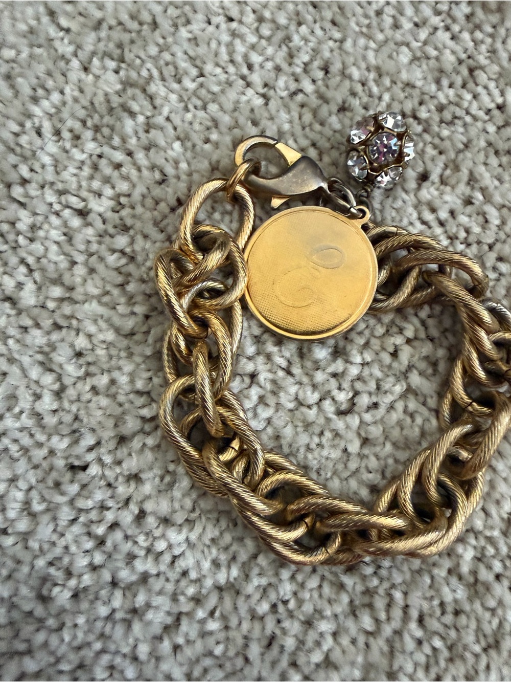 Gold-Tone Chunky Chain Bracelet with Engraved E Medallion and Crystal Charm